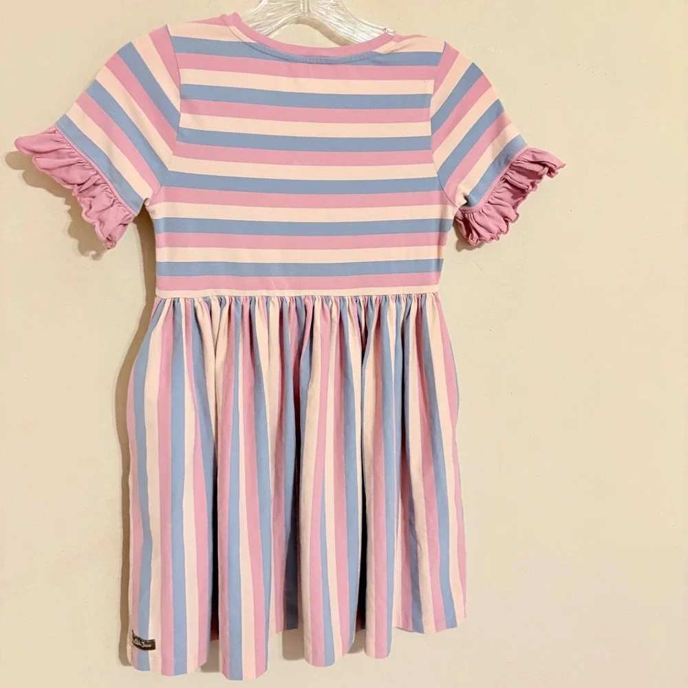 Matilda Jane Girls Emery Pink Blue Striped Ruffle Sleeve Dress Size 10 32005D
